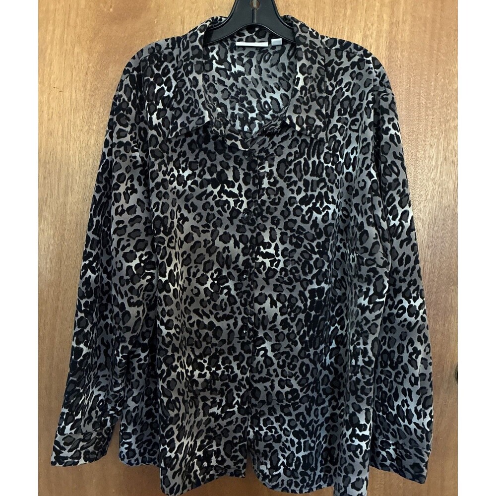 Susan Graver Blouse Plus 2X Shirt Black Leopard V Neck Button Long Sleeve Top